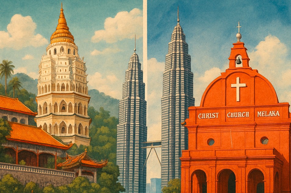 Kek Lok Si Temple in Penang, Petronas Twin Towers and the red facade of Christ Church Melaka